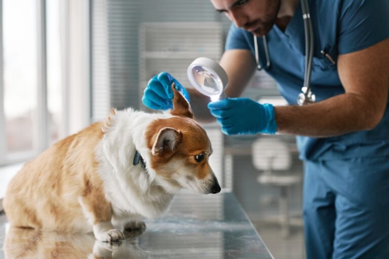 jeune-vétérinaire-en-uniforme-penché-sur-un-corgi-malade-urgence-vétérinaire-de-torsion-gastrique